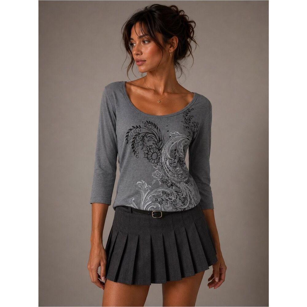 Erge Solid Gray Black White Scoop Neck Floral Paisley Print Y2K 3/4 Sleeve L